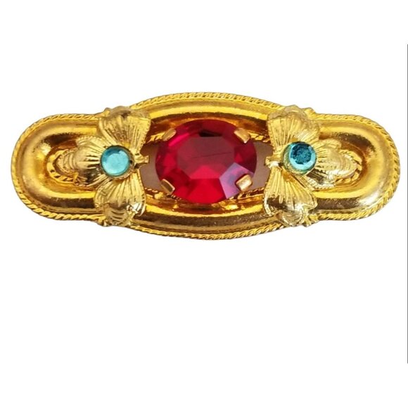 Czech Gold Tone Art Nouveau-style Red Prong Set Rhinestone Bar Brooch, M969 - Picture 8 of 8